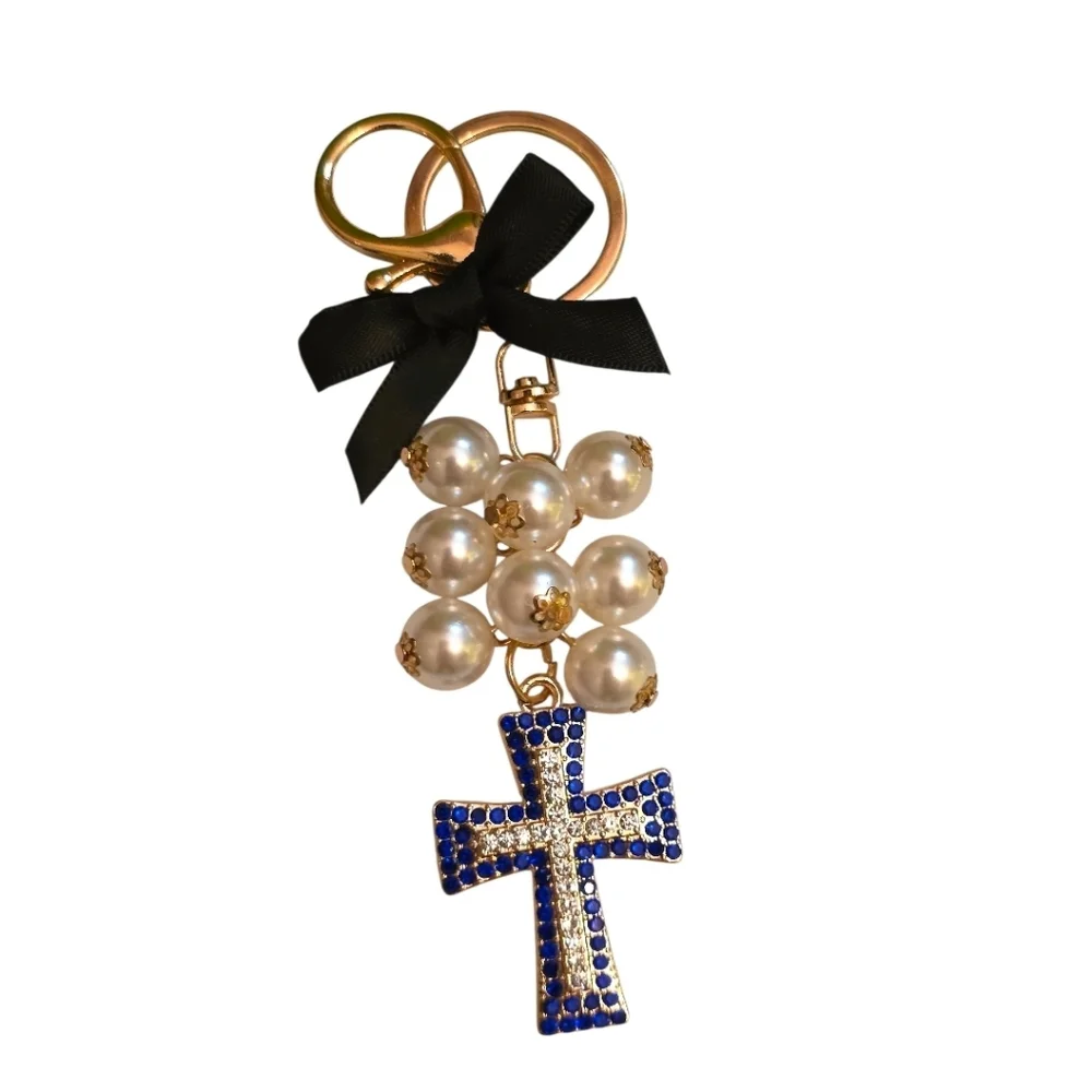 Fashion Purse Charm – Pearl Cluster & Royal Blue Crystal Cross